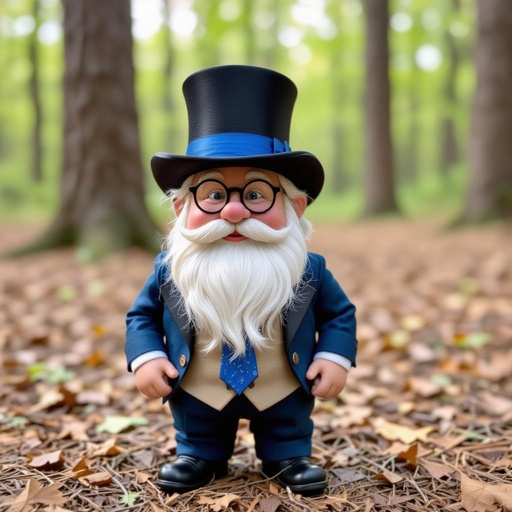 Dwarf with wear glasses and top hat with blue tie in wood