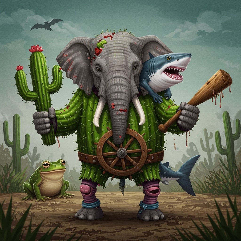 Elefante mischiato ad un cactus mischiato ad uno squalo mischiato ad una rana mischiata ad una ruota con una mazza di legno nella mano e delle gambe