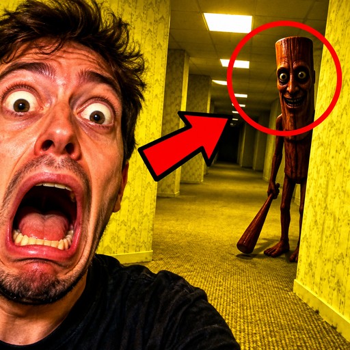 A person reacts beside a red-circled wooden figure in a yellow hallway, with a red arrow.