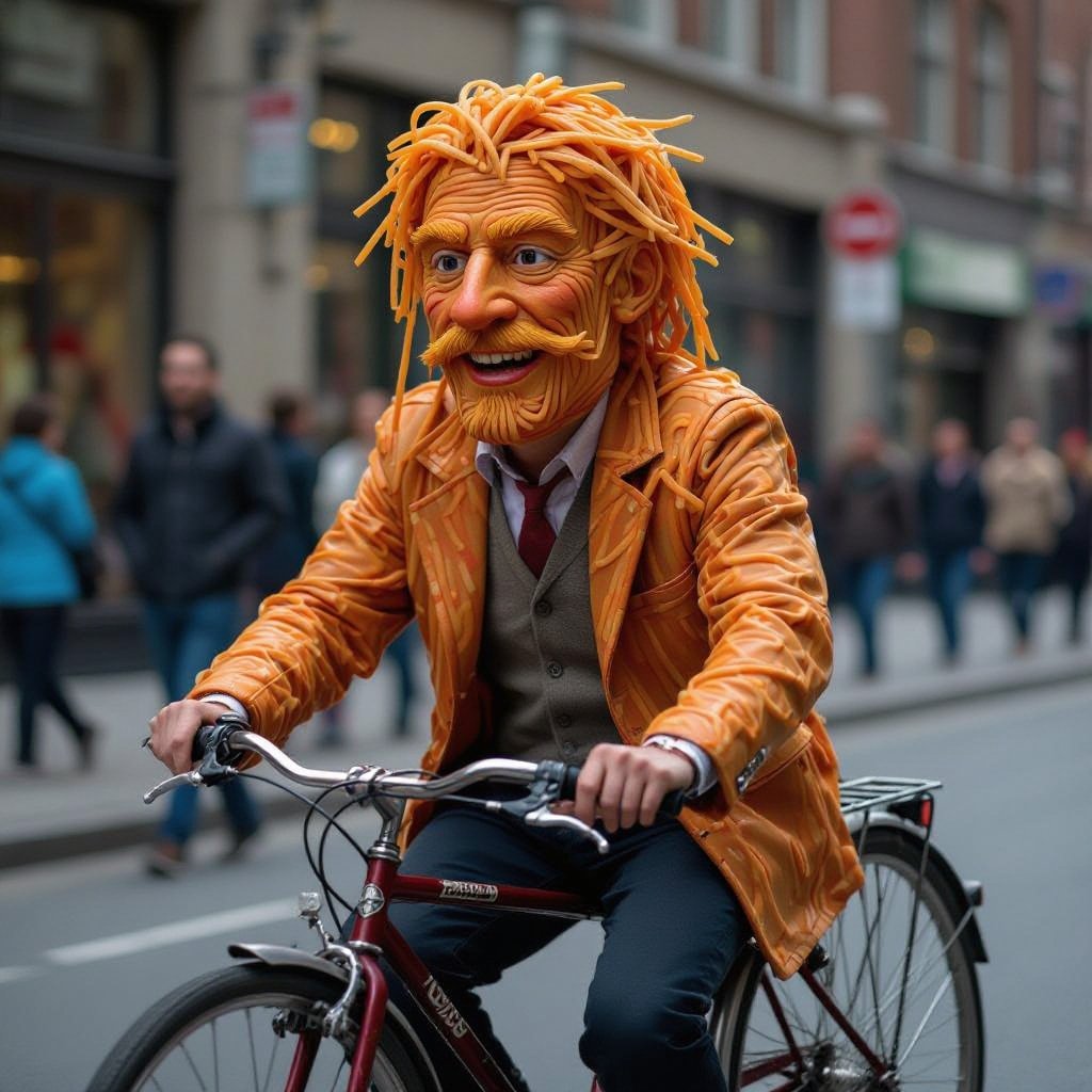 Un uomo con la faccia di spaghetti che va in bicicletta