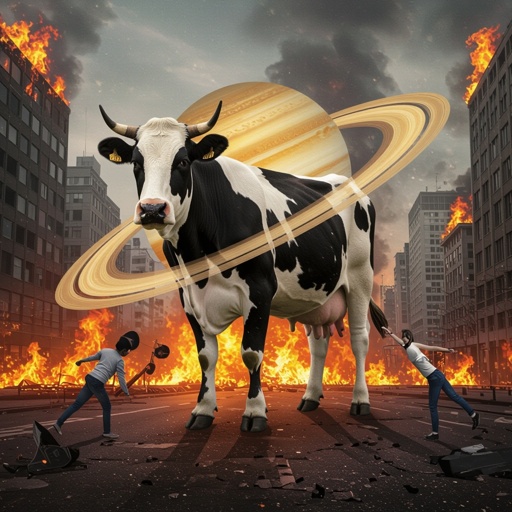 Cow with Saturn body 2 human leg in city on fire
