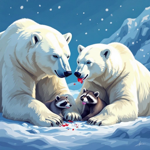 Polar bears eat racoon