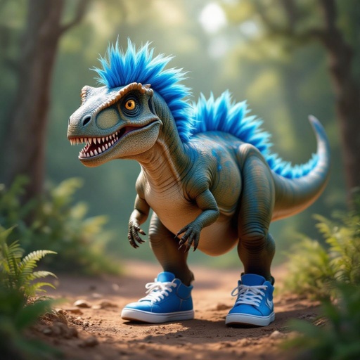 A dinosaur with blue hair and blue shoes