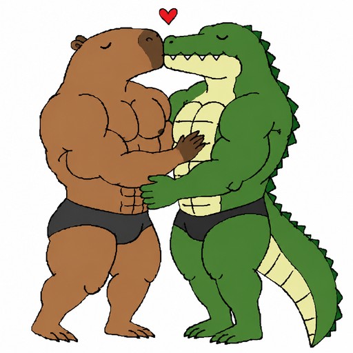 Cartoon bear and crocodile embrace beneath a red heart.