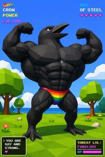 Muscular black creature flexing in a colorful low-poly game landscape.