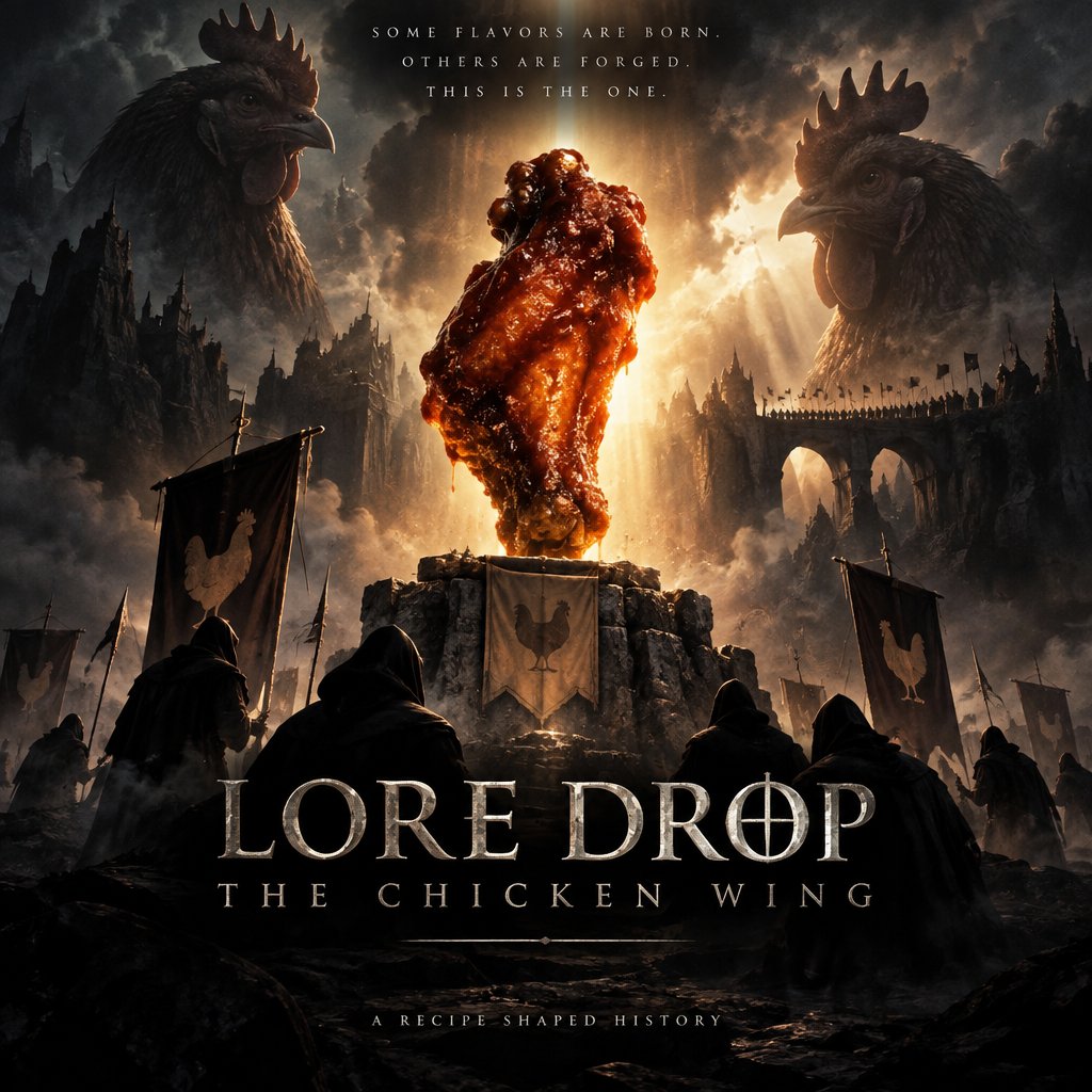 Fantasy poster showing a glowing chicken wing above a dark medieval landscape.