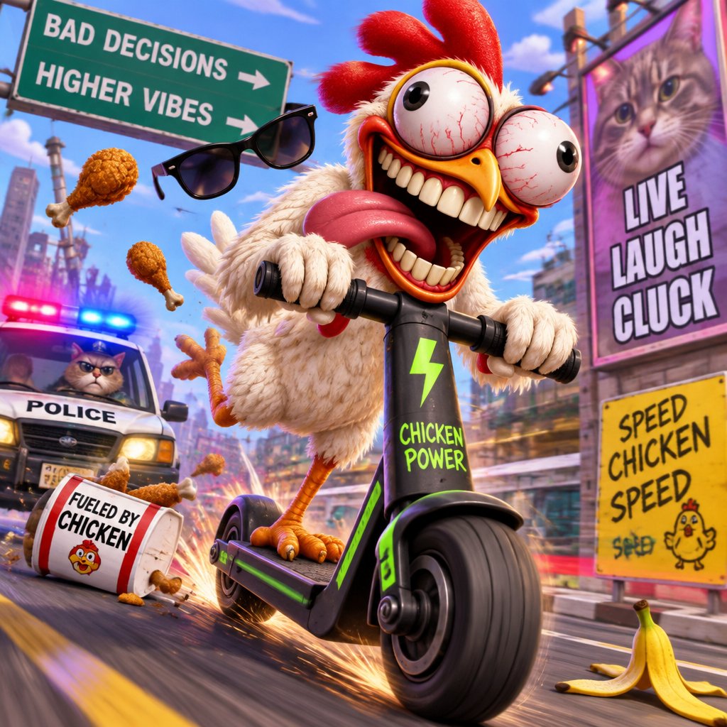 Cartoon chicken riding an electric scooter through a colorful, chaotic street scene