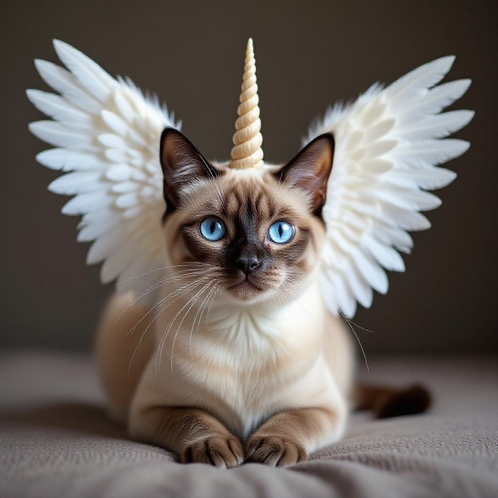 Burmese cat with blue eyes and it has wings and a unicorn horn that is the same color as the cat