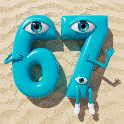 Cyan number 67 with 2 human eye ball 2 cyan arm 2 cyan leg wear white shoes in beach