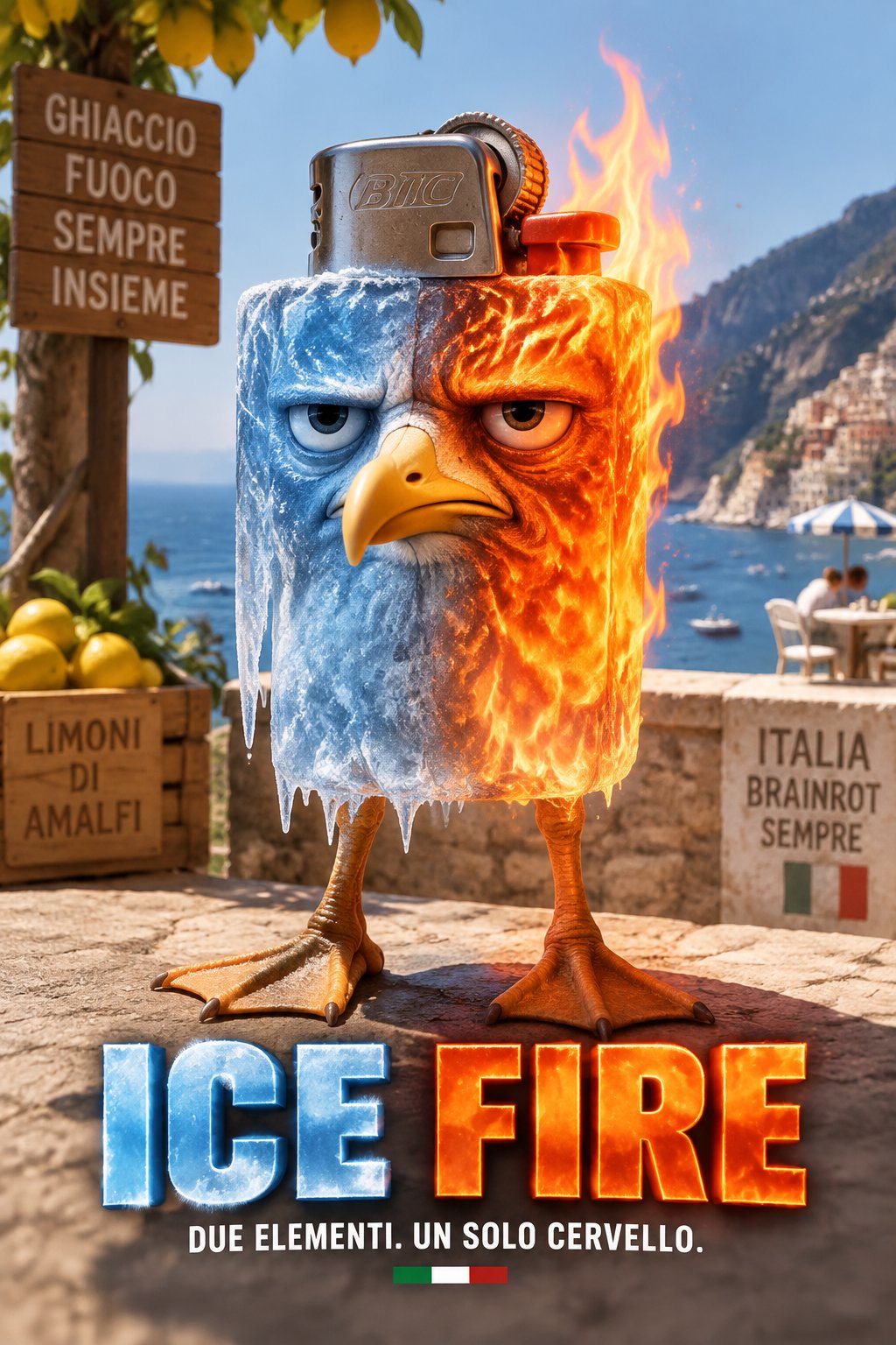 Blue and orange flaming bird meme in a seaside village with Italian signs and bold text