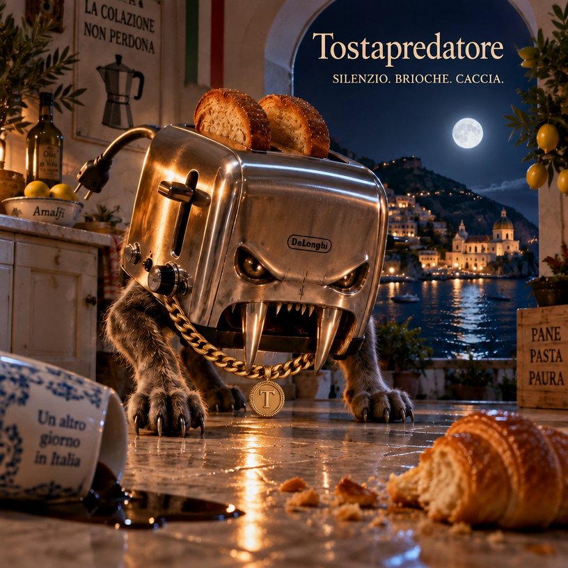 Steampunk toaster robot dining beside a Venetian canal at night.