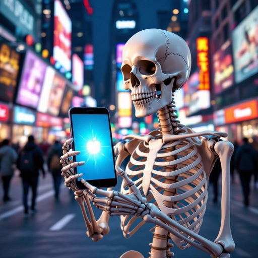 Skeleton with i phone in city
