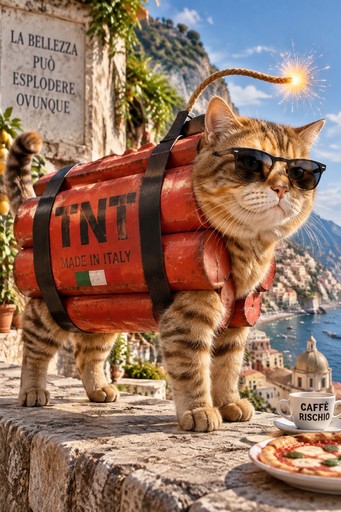 Sunglasses-wearing cat with a red TNT pack on a sunny mountain ledge, surreal meme style