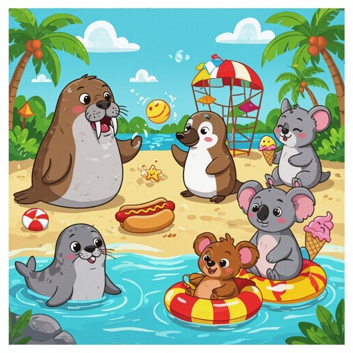 Walrus plays with platypus and Kangaroo Seal and koala with me hot dog and me ice cream they go to the water park