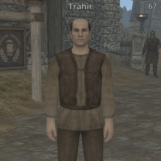 A video game character stands in a medieval stone village.