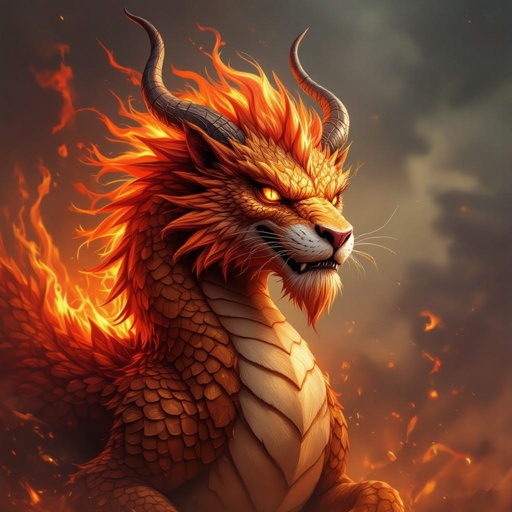 Un drago in fiamme con testa di leone