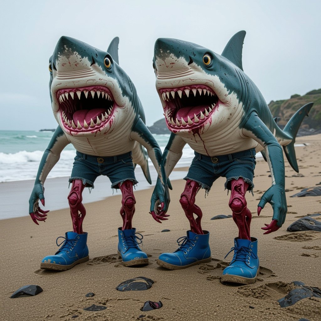 Horror shark 2 horror leg 2 wear horror blue shoes in horror beach