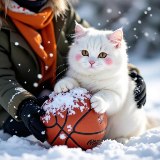 Labubu with a basketball in the snow