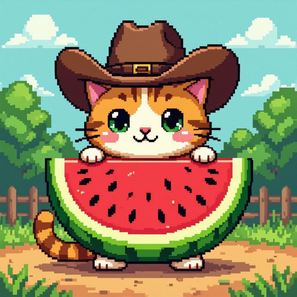 A cat whit body of watermelon and a cowboy hat on the head 