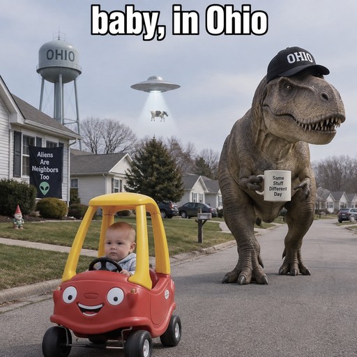 Person in a red toy car with a dinosaur in a suburban street scene.