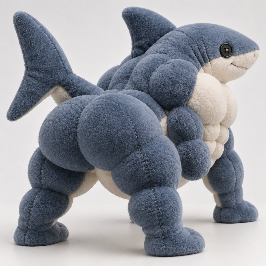 Blue-gray 3D shark-shaped creature walking on four legs against a plain background.