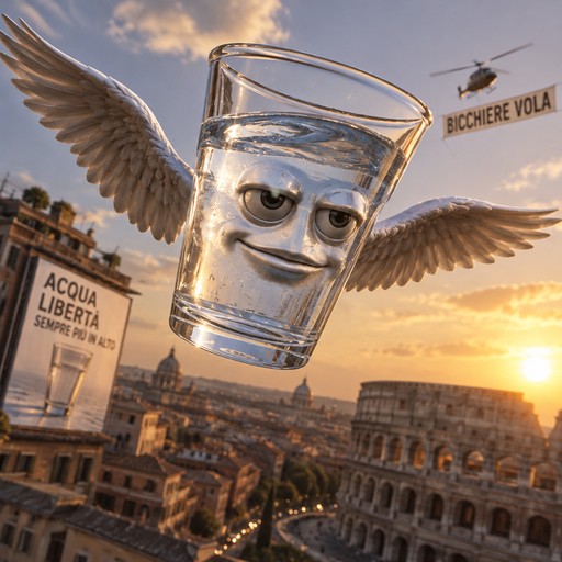 Winged glass of water with a smiling face flying over a city at sunset, surreal digital art.