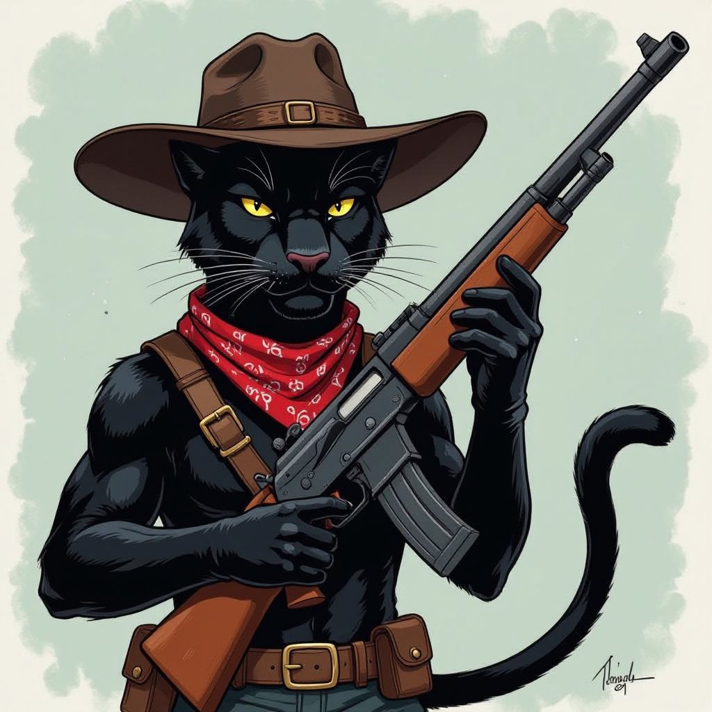 Una pantera nera con un fucile in mano vestita da bandito
