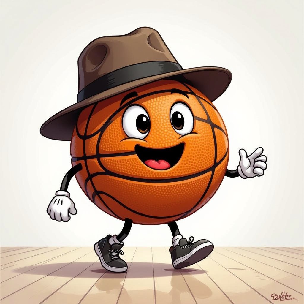 Pallone da basket con cappello, faccia e gambe 
